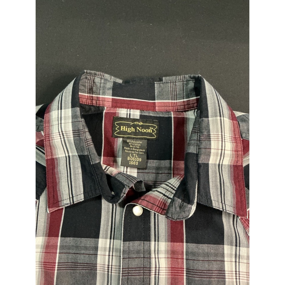 High Noon Mens Western Pearl Snap Shirt Large Tall Plaid Short Sleeve Burgundy